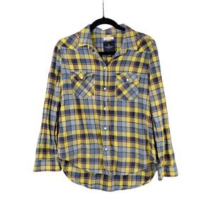 American Eagle Boyfriend Fit Plaid Flannel Shirt Yellow Blue Cotton Womens Med